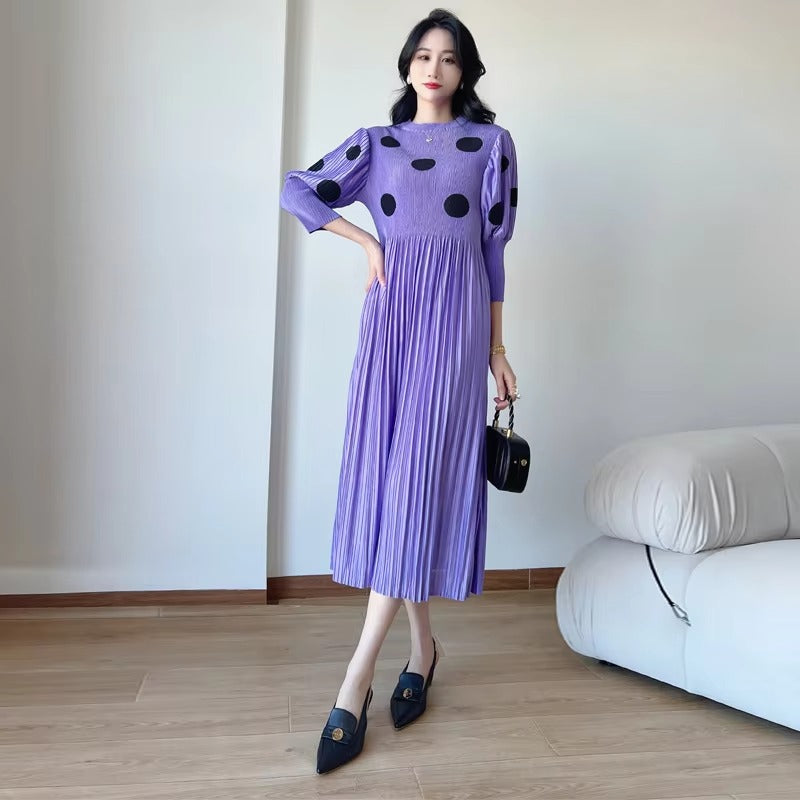 2025 Early Spring New Midi Dress – Neck Pleated, Polka Dot, Loose, Factory Direct