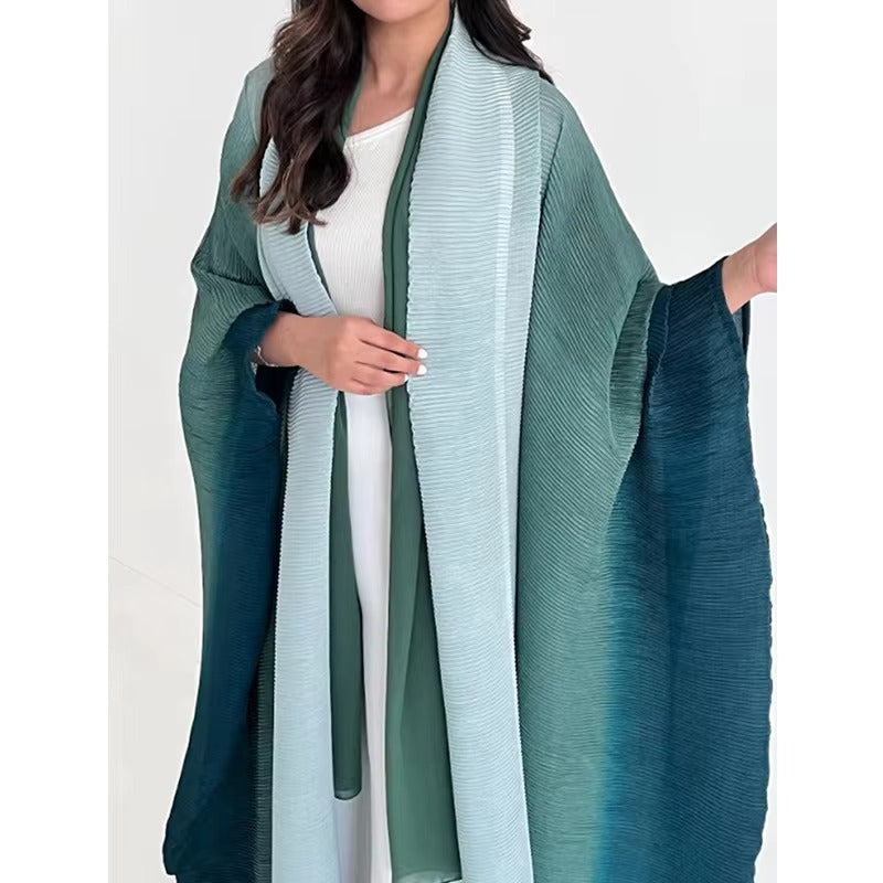 2025 Summer Women's Modest Dress – Gradient Pleated, Turndown Collar, Windbreak, Cardigan Style