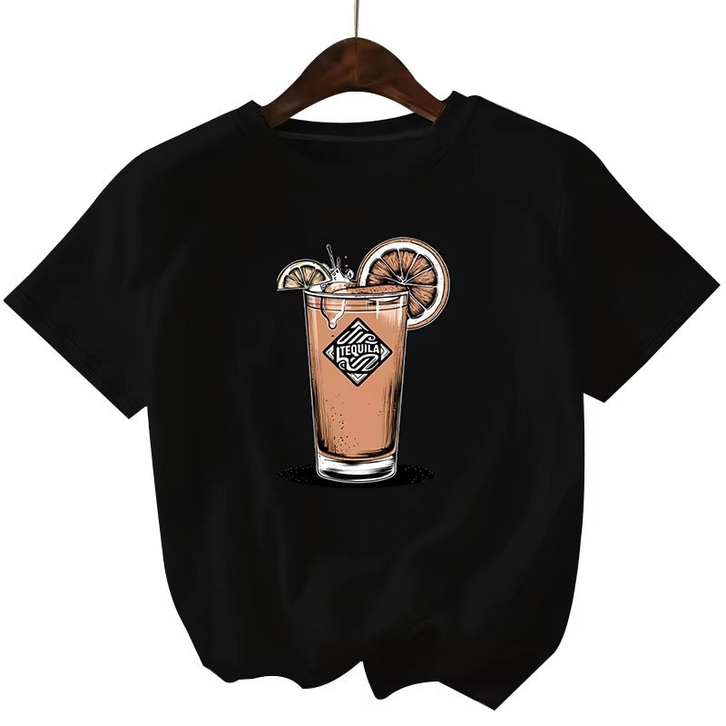 Wholesale Hot Sale Women's Plain T-shirt – Black, Minimalist Beverage Pattern, Printable