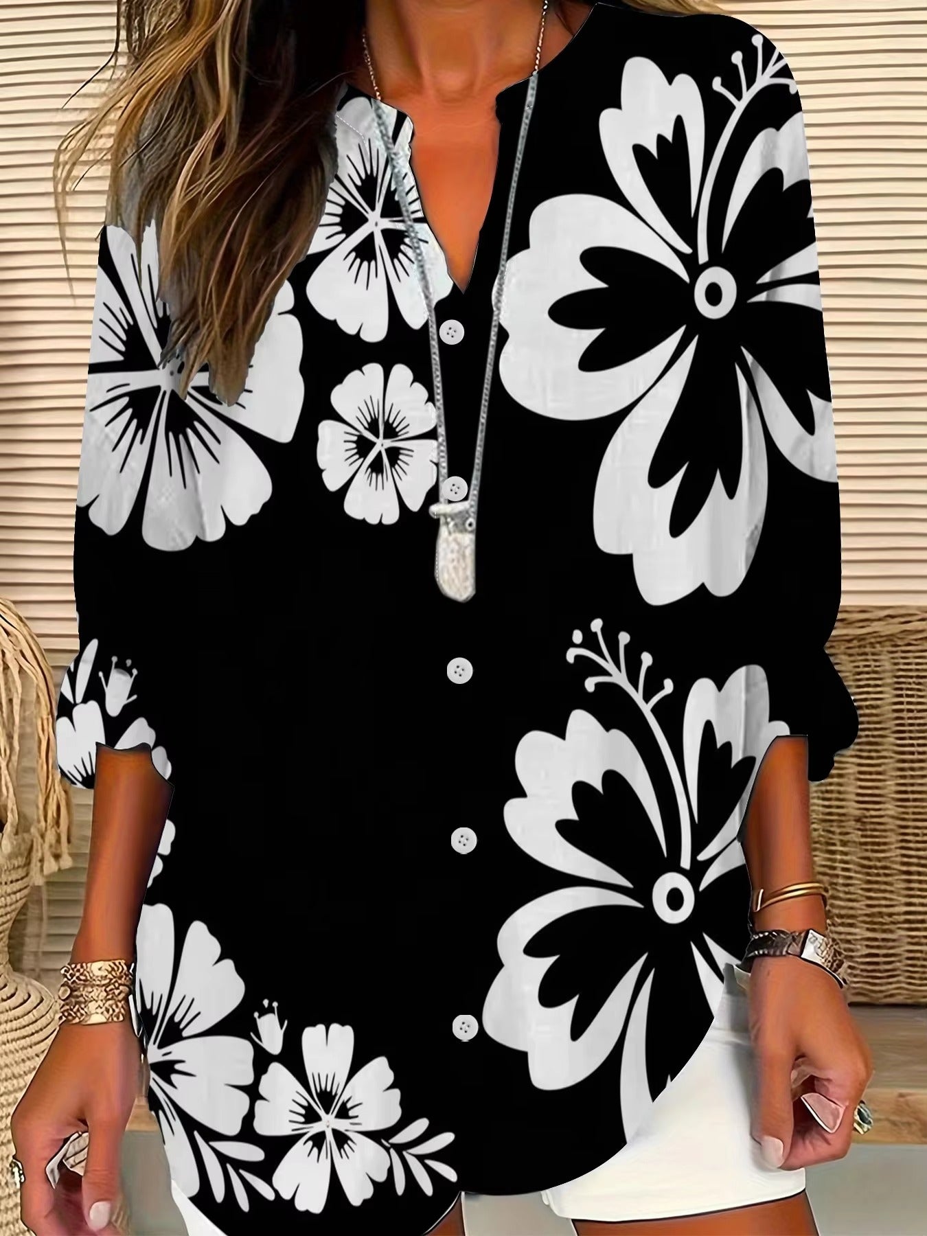 Wholesale Popular Women's Blouse – Black, Flower Pattern, Versatile