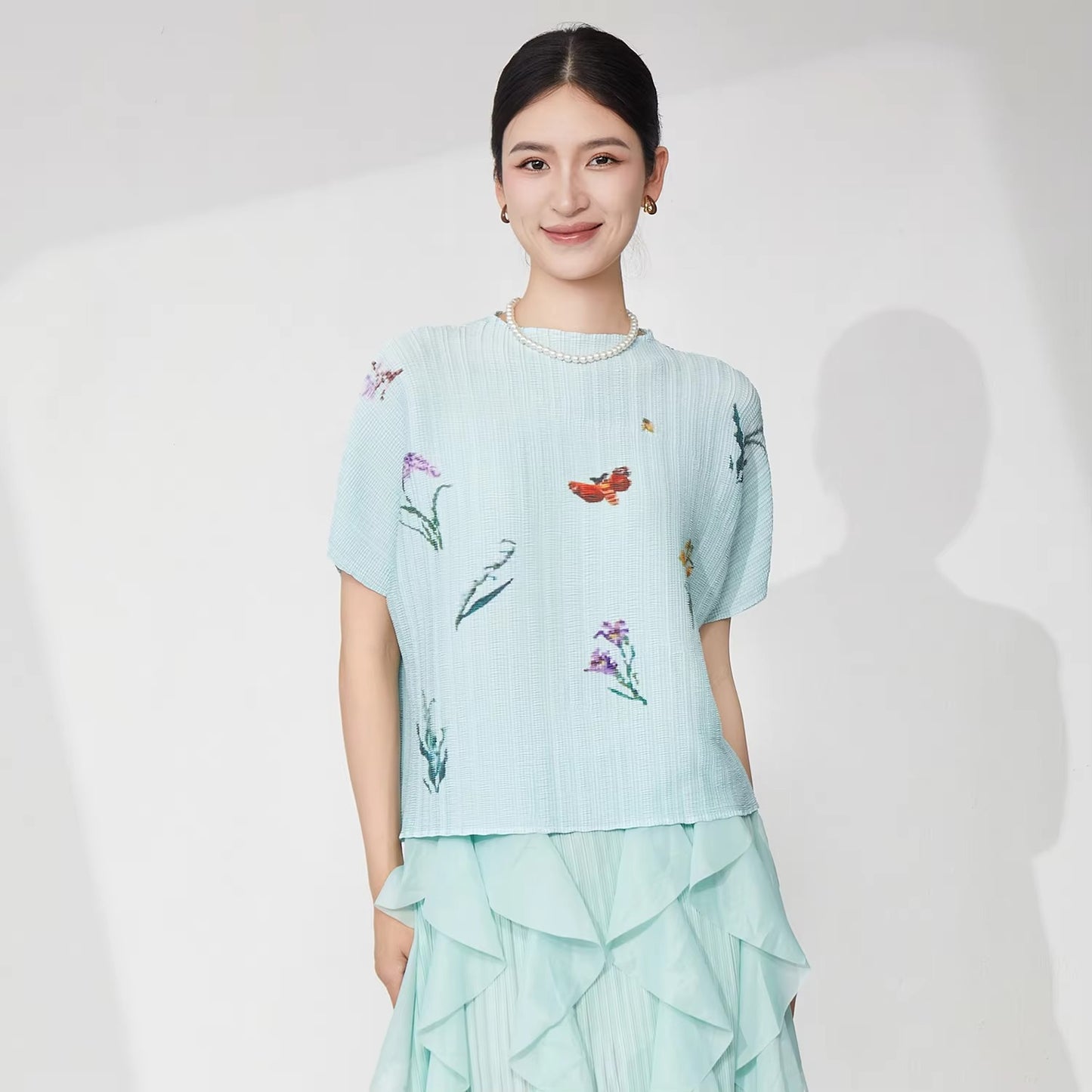 2025 New Summer Women's Pleated Tops – High-Quality, Elastic, Printed, Casual
