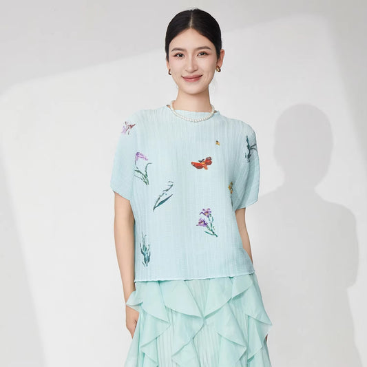 2025 New Summer Women's Pleated Tops – High-Quality, Elastic, Printed, Casual
