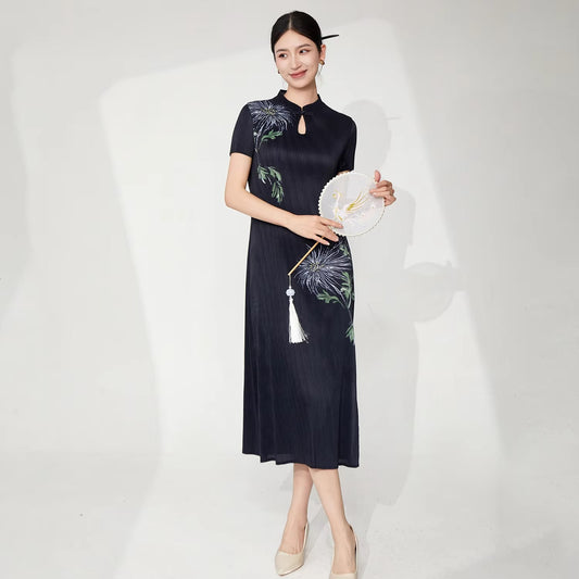 2025 New Arrival Women's Elegant Dress – High Quality, Vintage, Stretch, Pleated, Printed