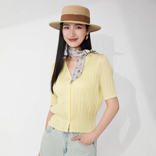 2025 New Women's Pleated Tops – Loose, Solid Color, Short-Sleeve, Casual, Cardigan Style