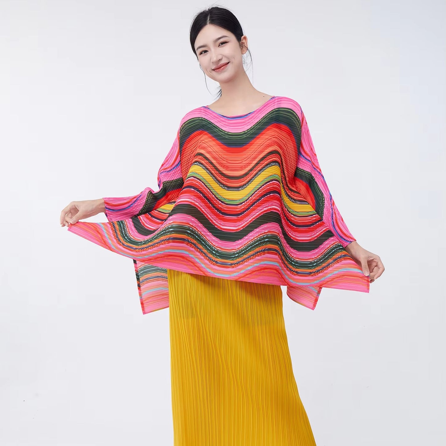 2025 New Miyake Pleated Women's Shirt – High-Quality Polyester, Vintage, Printed, Long-Sleeve