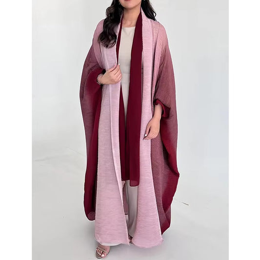 2025 Summer Women's Modest Dress – Gradient Pleated, Turndown Collar, Windbreak, Cardigan Style