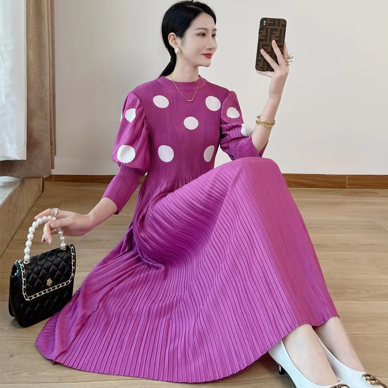 2025 Early Spring New Midi Dress – Neck Pleated, Polka Dot, Loose, Factory Direct
