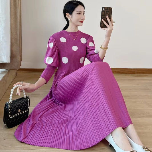2025 Early Spring New Midi Dress – Neck Pleated, Polka Dot, Loose, Factory Direct