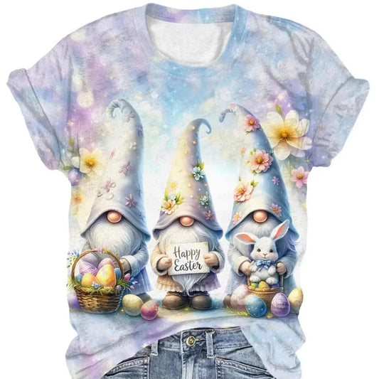 Wholesale Popular Women's T-shirt – Pink & Blue, Rabbit Pattern, Simple Casual, In Stock