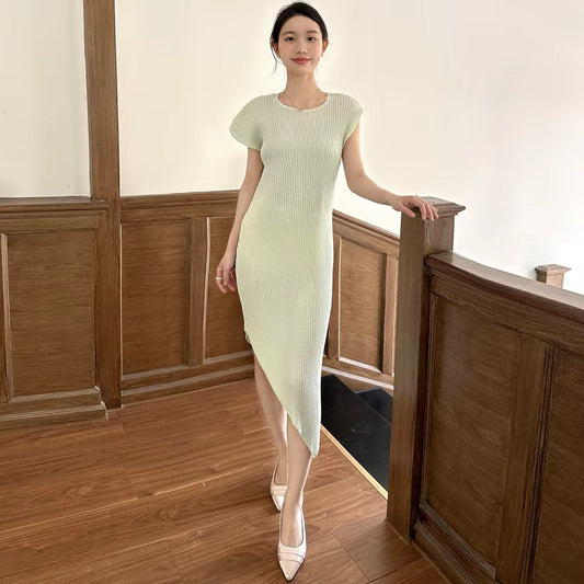 2025 Summer Women's Sleeveless Dress – Solid, Asymmetric Pleated, Plus Size, Factory Direct