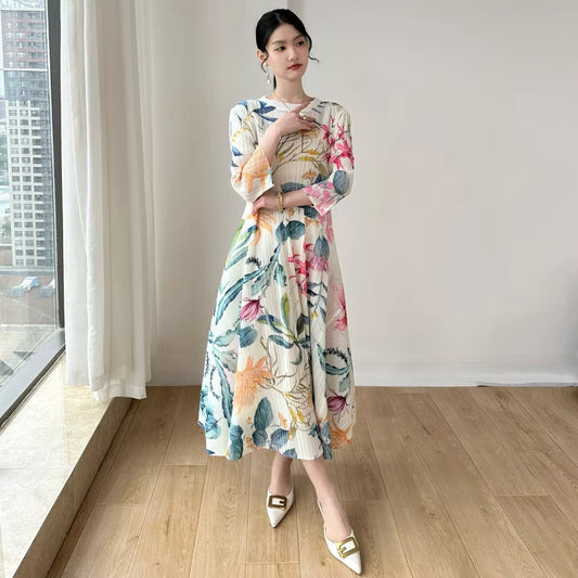 2025 Spring-Autumn Women's Pleated Dress – Large Size, Printed, Fashionable