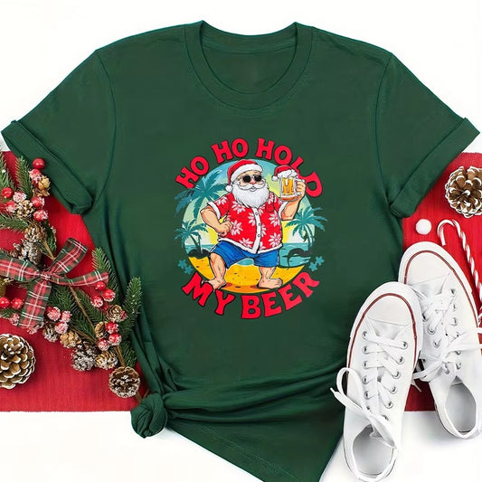 Wholesale Dark Green Women's T-shirt – Santa Claus Pattern, Elegant, Factory Direct