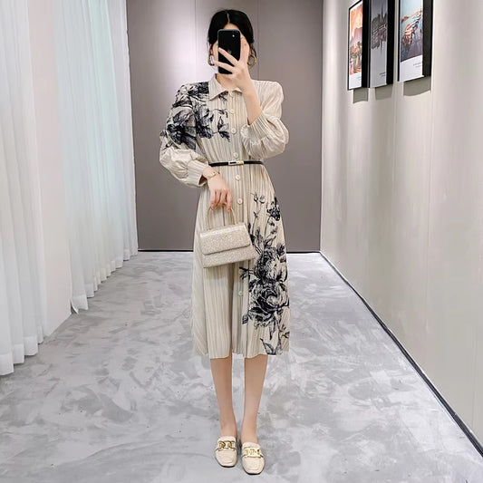 2025 Autumn New High-Grade Women's Pleated Midi Dress – Woven Waist, Slim Collar, Printed, Temperament, Suit Style