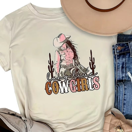2025 Trendy Women's T-shirt – Factory Direct, Round Neck, Short-Sleeve, Cool Beige, Patterned