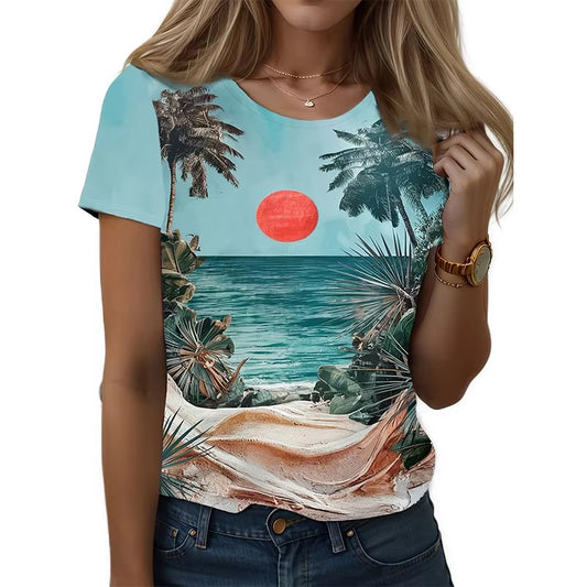 Wholesale Hot Sale Women's T-shirt – Comfortable Fabric, Sky Blue, Sea Beach Pattern