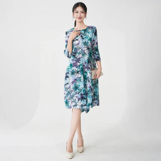 Factory-Quality Women's Summer Midi Dress – Pleated, Stretch, Printed, Elegant, Fast Delivery