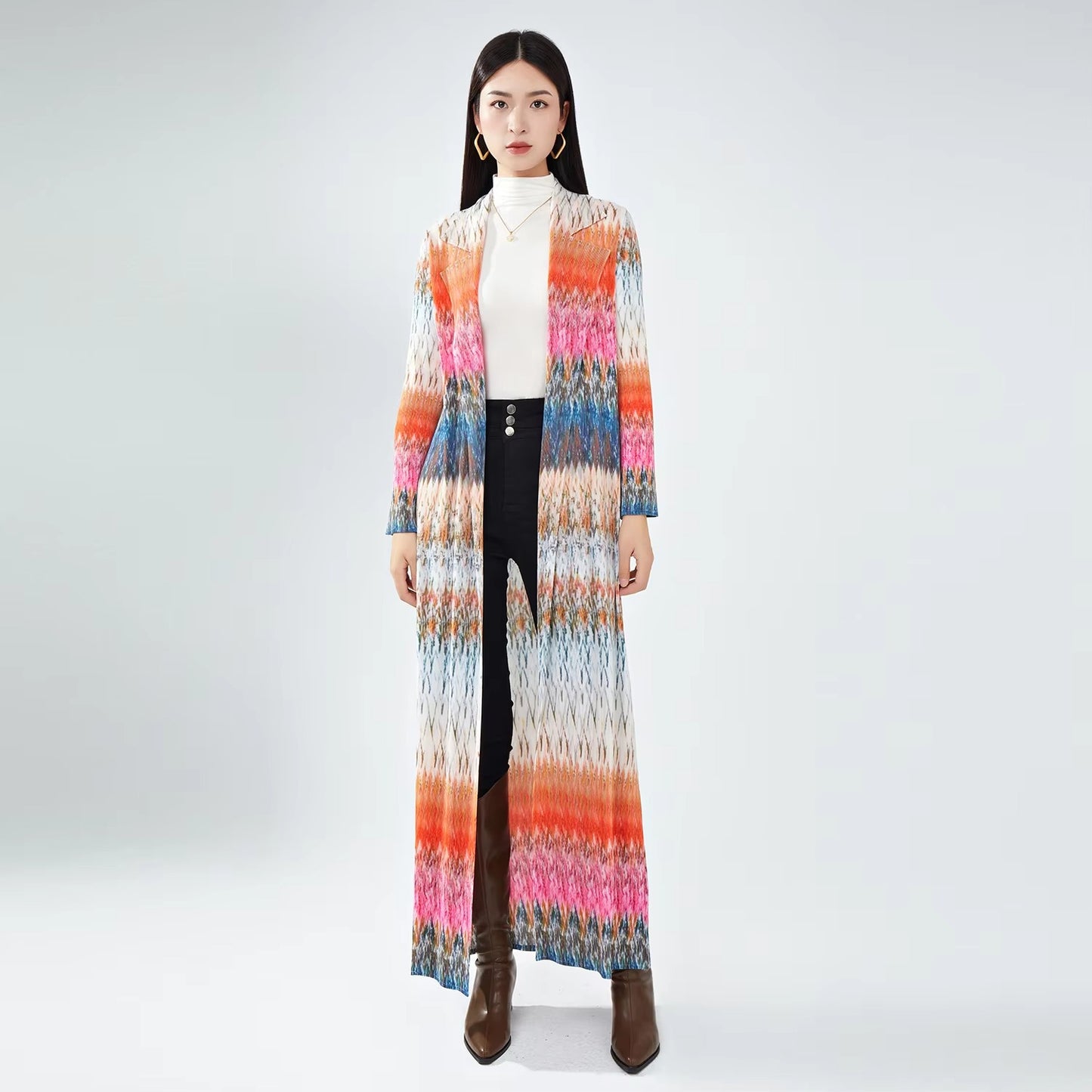 High-Quality Polyester Trench Coat – Muslim Women's, Belted, Pleated, Printed Kaftan