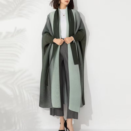 Plus Size Pleated Shawl Coat – Middle Eastern, Stylish, Gradient, Belted
