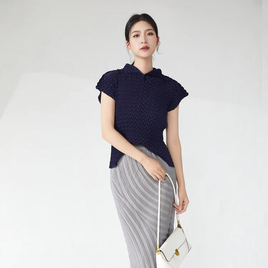 2025 Summer Miyake Pleated Short-Sleeve Top – Lapel, Solid Color, Elegant