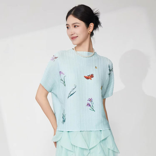 2025 New Summer Women's Pleated Tops – High-Quality, Elastic, Printed, Casual