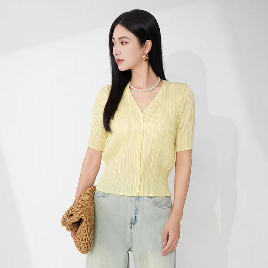 2025 New Women's Pleated Tops – Loose, Solid Color, Short-Sleeve, Casual, Cardigan Style