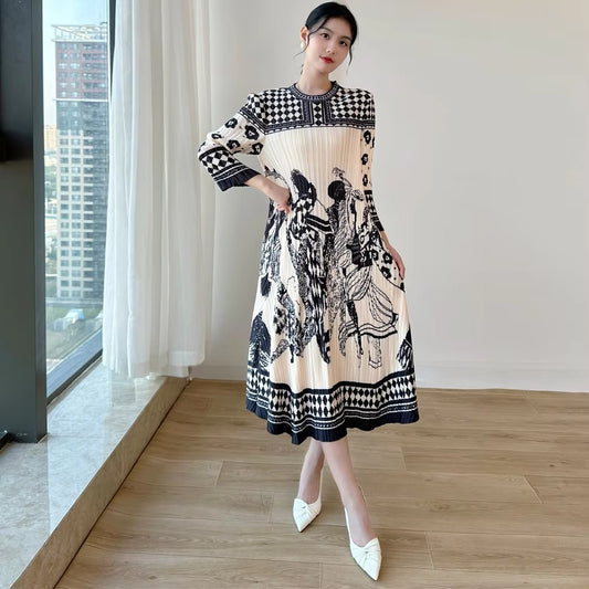 2025 Early Spring New Women's Printed National Style Dress – Pleated, Midi, Loose, Commuter, Natural Neck