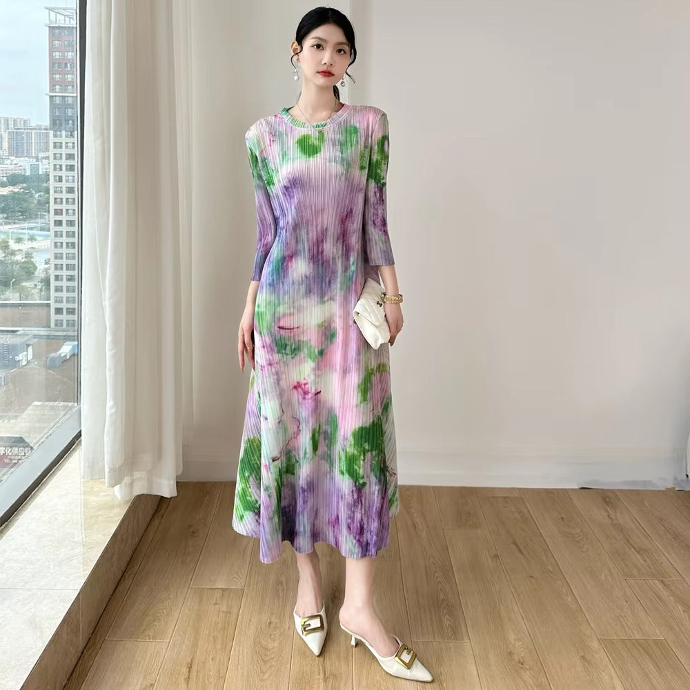 2025 Spring-Autumn Women's Pleated Dress – Large Size, Printed, Fashionable