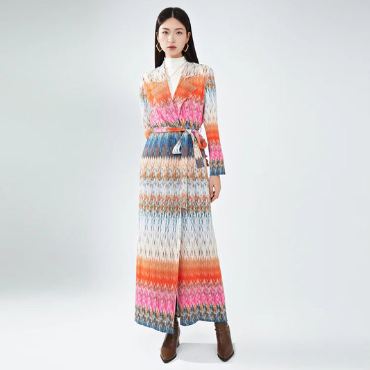 High-Quality Polyester Trench Coat – Muslim Women's, Belted, Pleated, Printed Kaftan