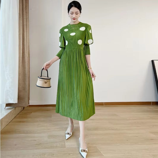 2025 Early Spring New Midi Dress – Neck Pleated, Polka Dot, Loose, Factory Direct