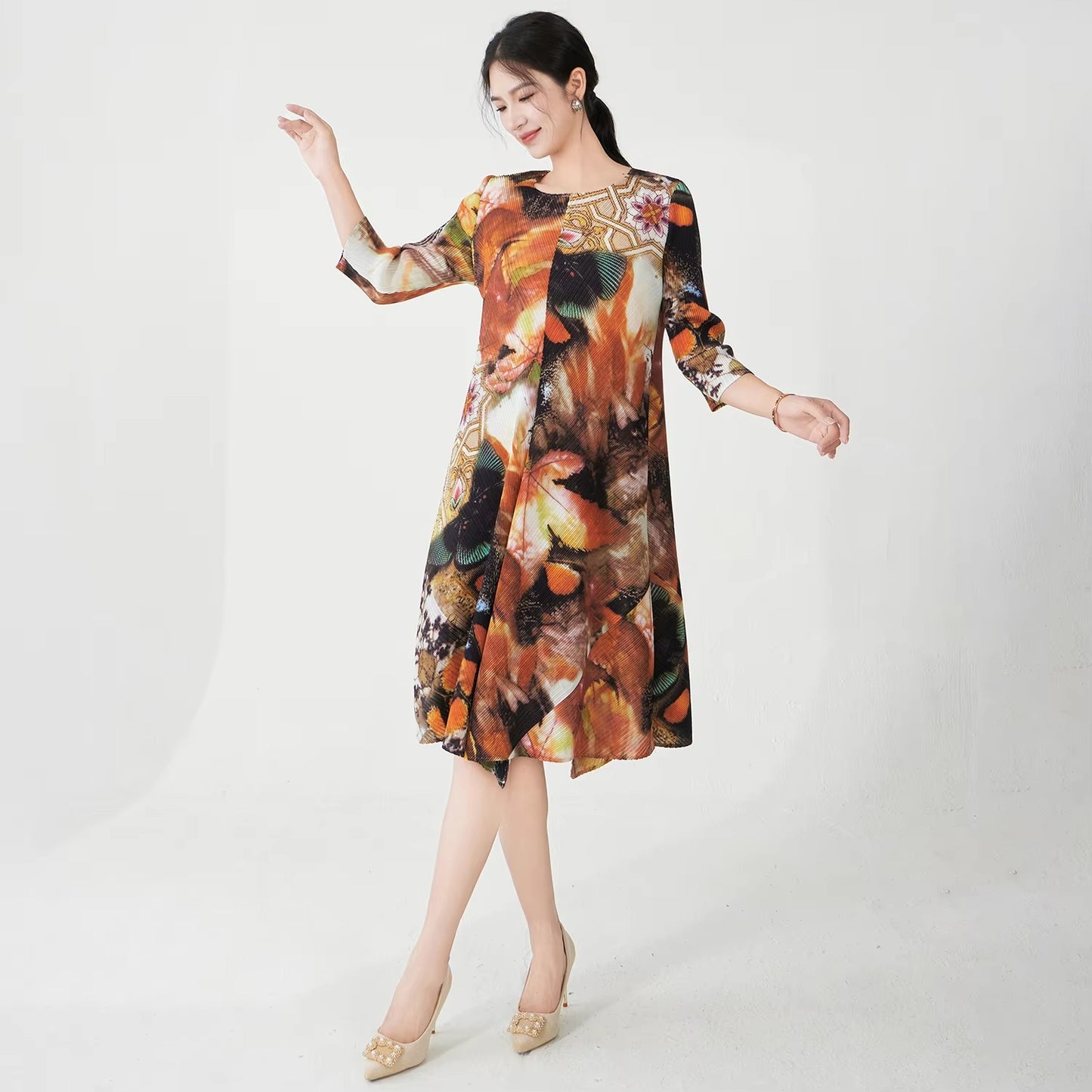 Factory-Quality Women's Summer Midi Dress – Pleated, Stretch, Printed, Elegant, Fast Delivery