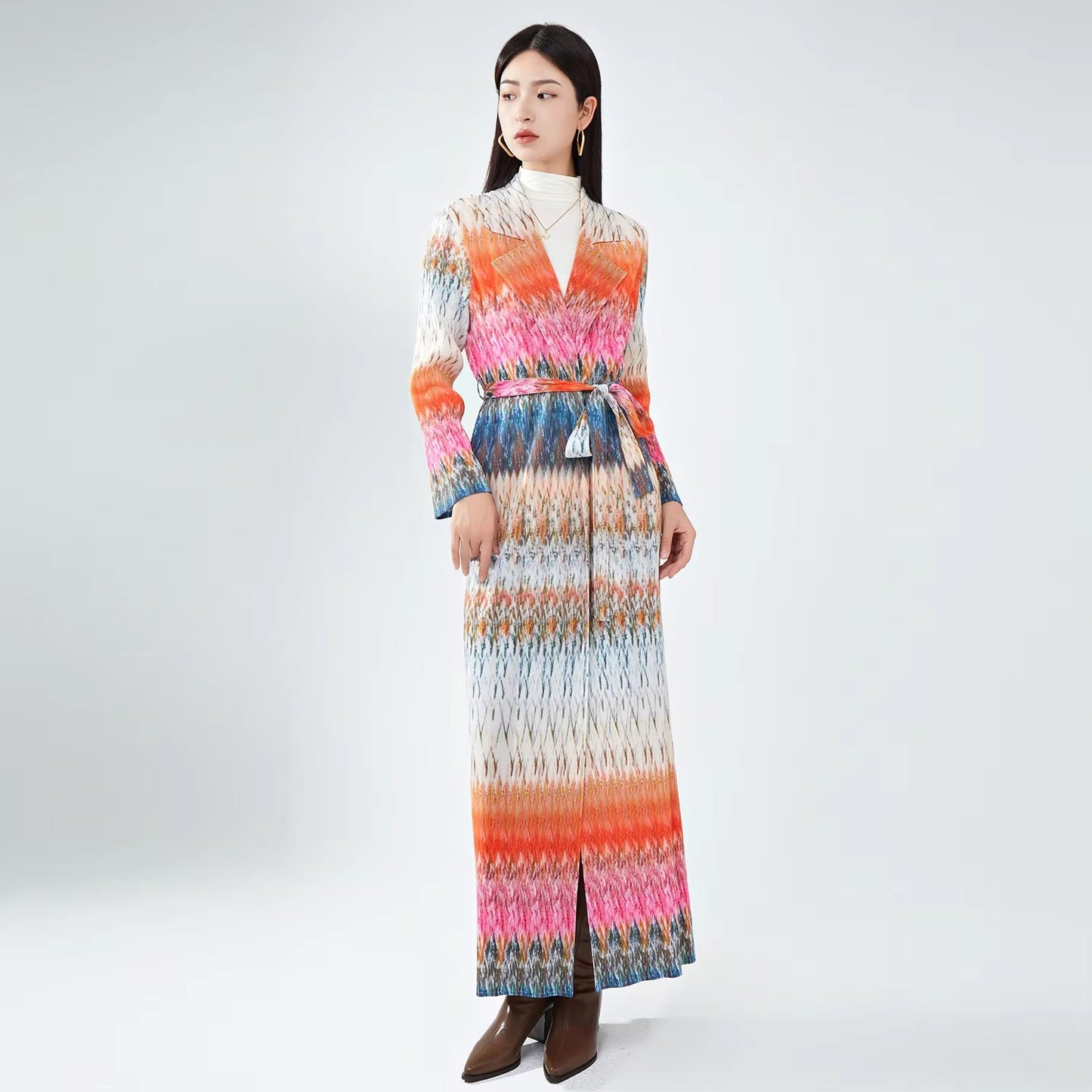 High-Quality Polyester Trench Coat – Muslim Women's, Belted, Pleated, Printed Kaftan