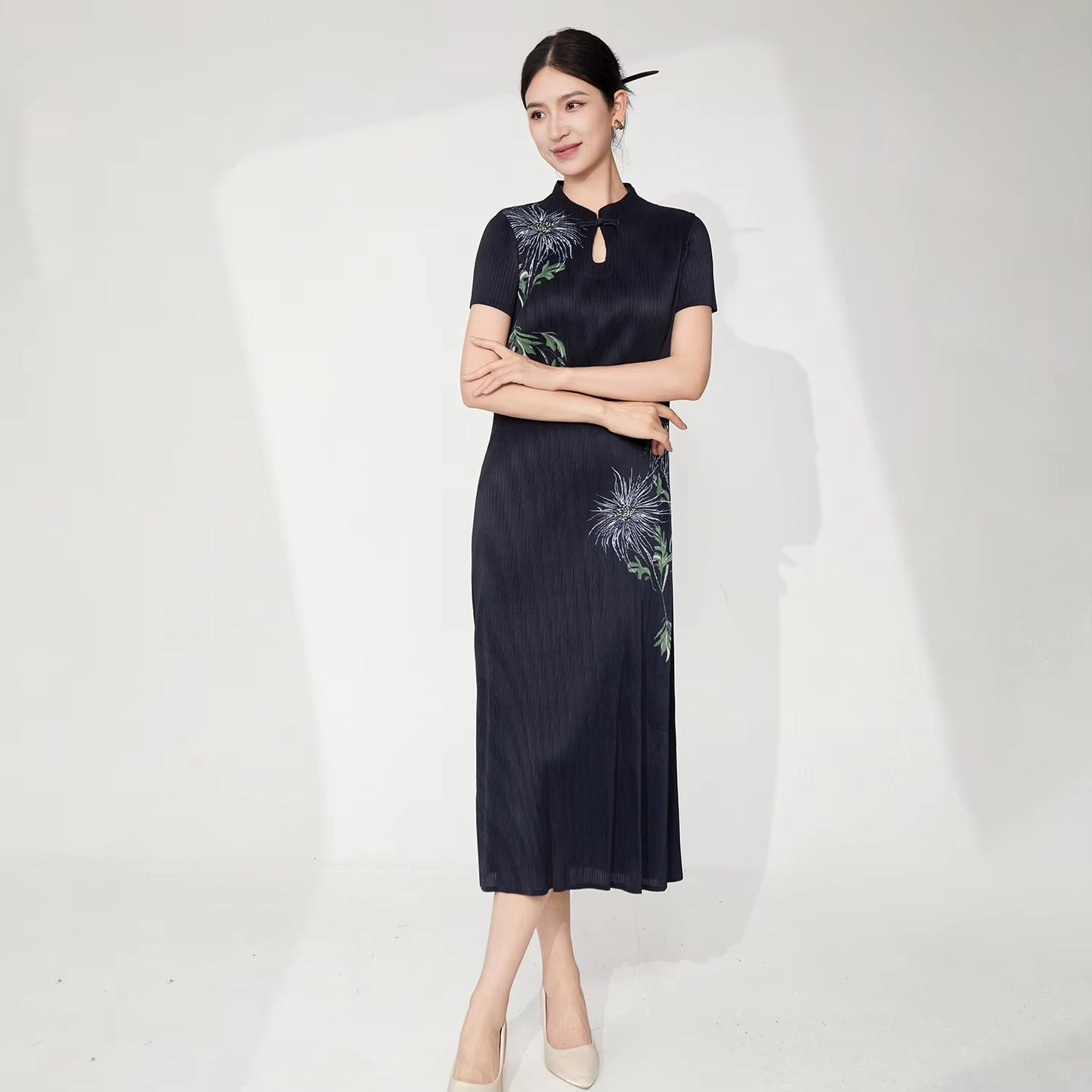 2025 New Arrival Women's Elegant Dress – High Quality, Vintage, Stretch, Pleated, Printed