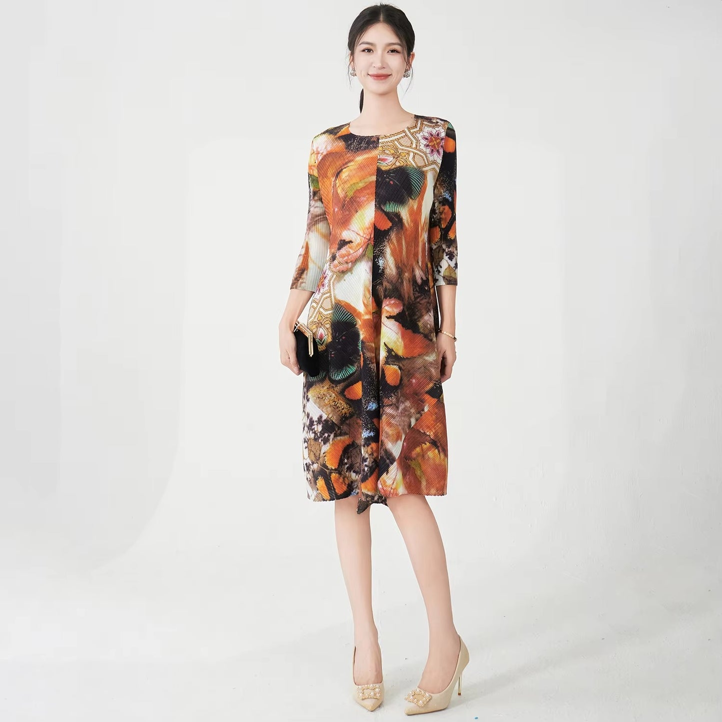 Factory-Quality Women's Summer Midi Dress – Pleated, Stretch, Printed, Elegant, Fast Delivery