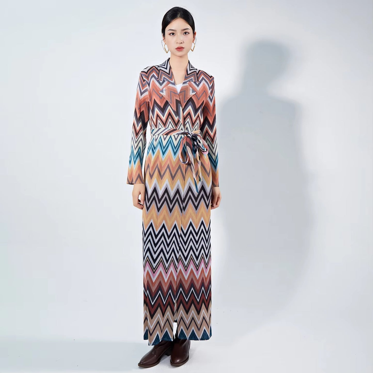 High-Quality Polyester Long Trench Coat – Muslim Women's, Conservative, Belted, Pleated, Printed