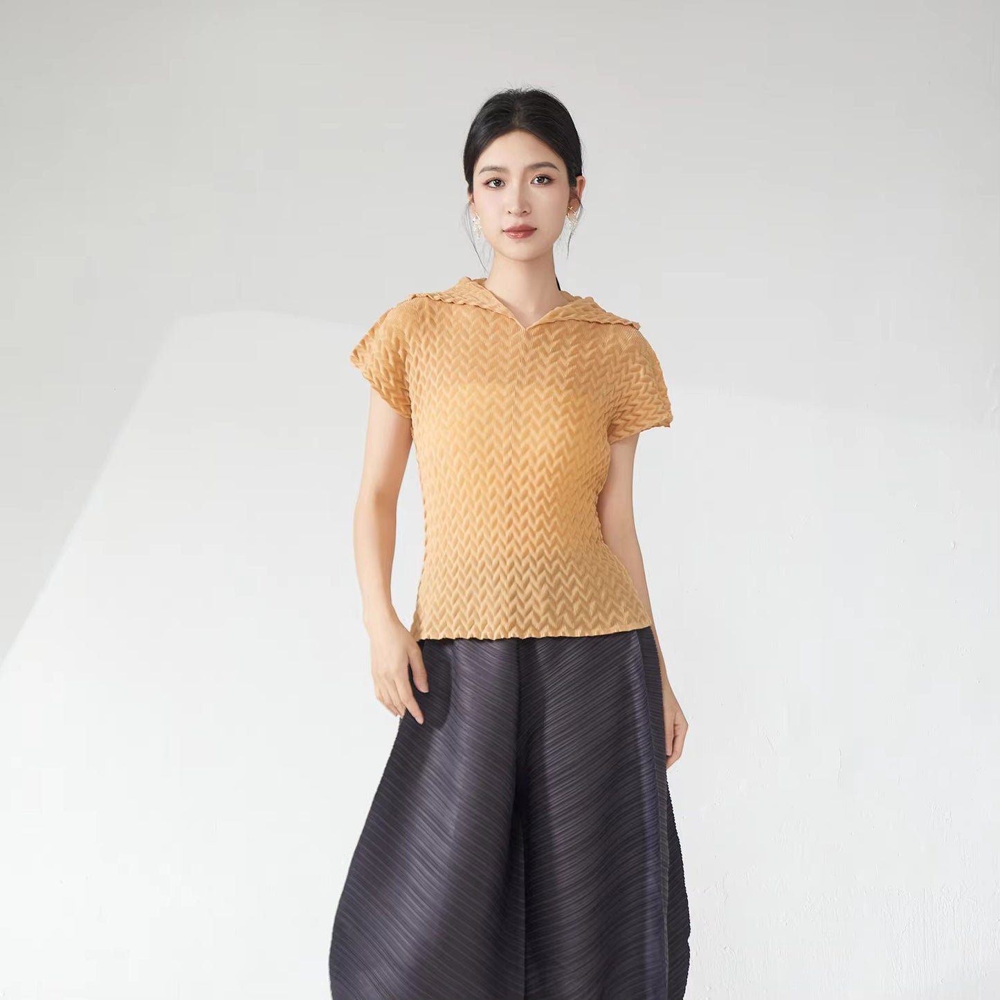 2025 Summer Miyake Pleated Short-Sleeve Top – Lapel, Solid Color, Elegant