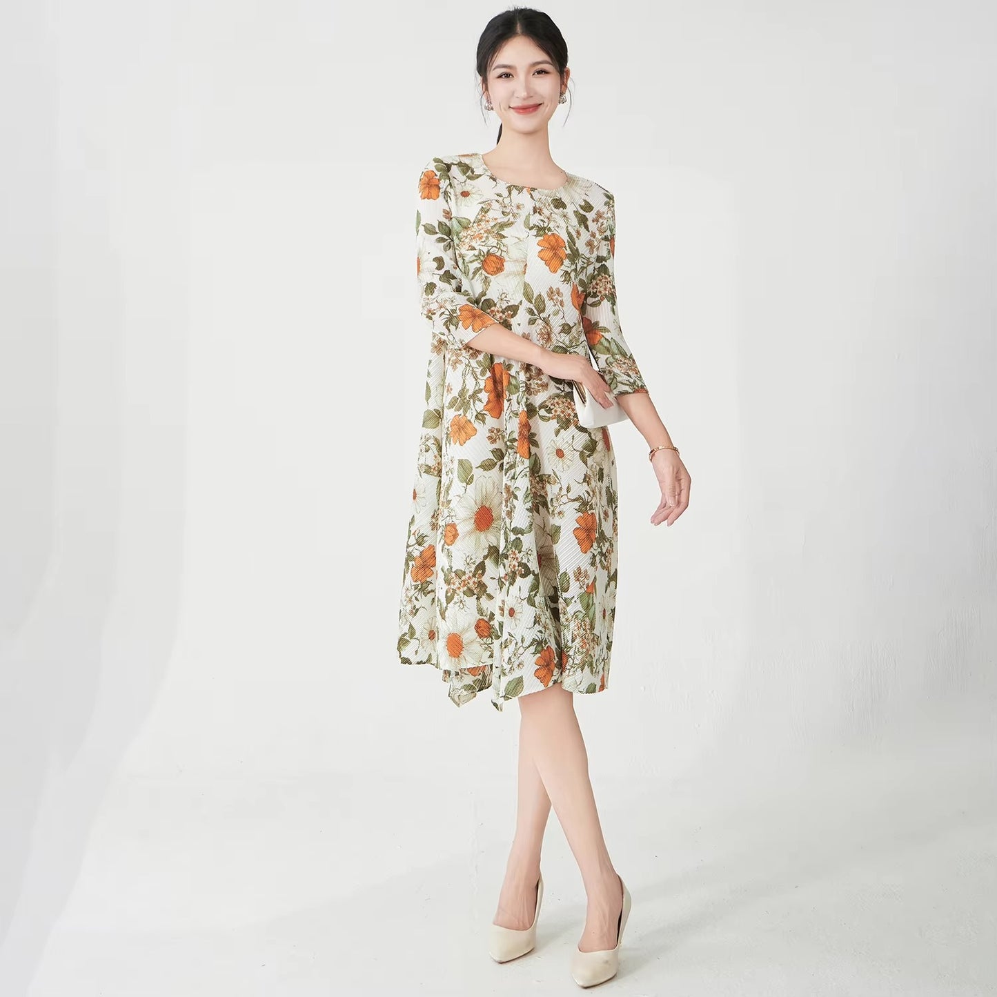 Factory-Quality Women's Summer Midi Dress – Pleated, Stretch, Printed, Elegant, Fast Delivery