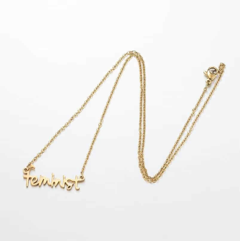 Feminist Charm Necklace – Stainless Steel, Gold-Plated, Wedding Jewelry