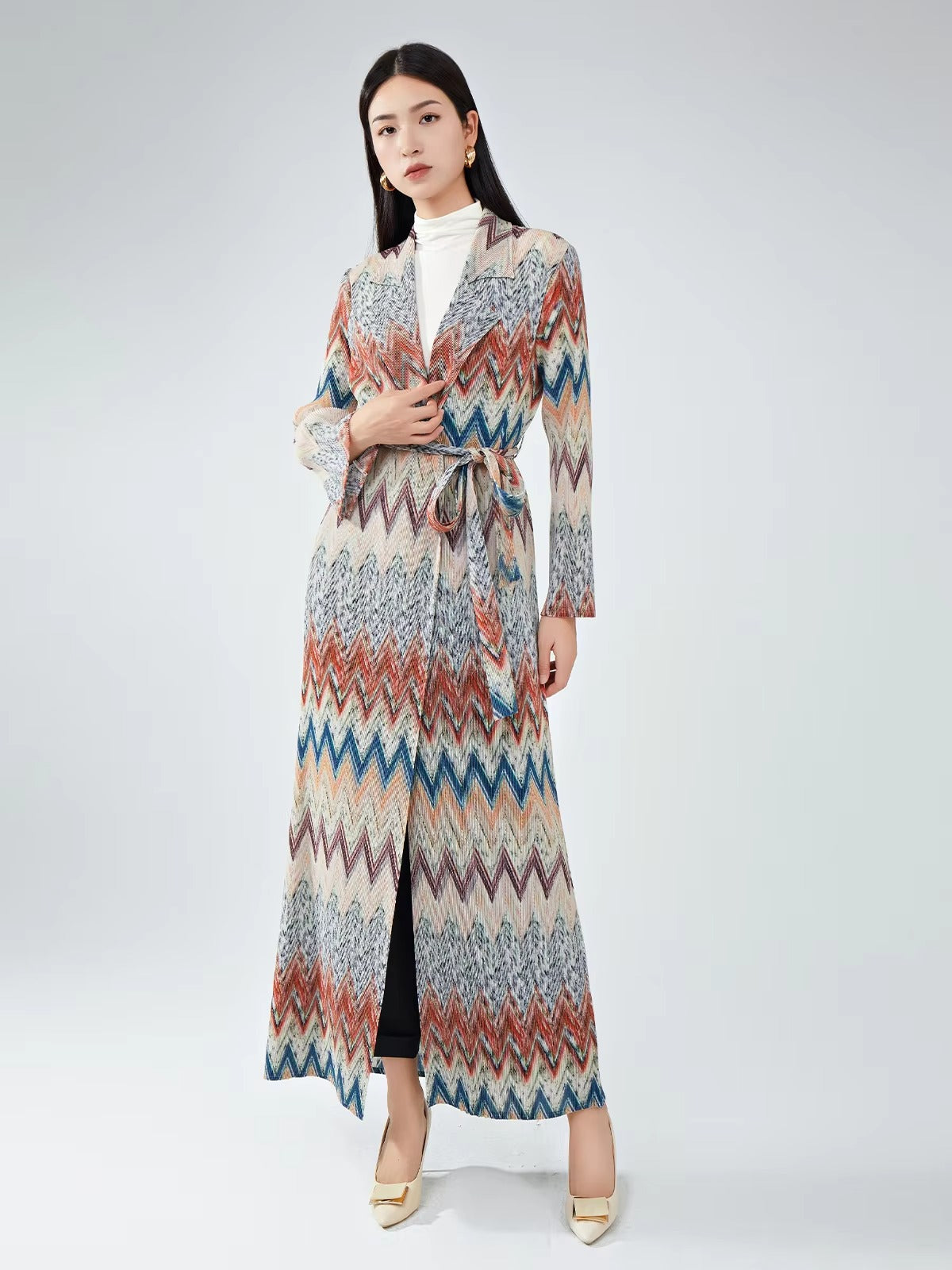 High-Quality Polyester Trench Coat – Muslim Women's, Belted, Pleated, Printed Kaftan
