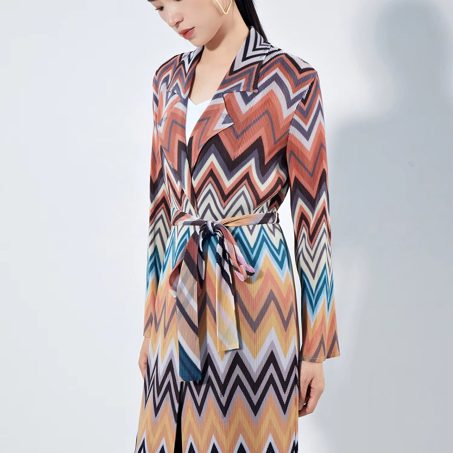 High-Quality Polyester Long Trench Coat – Muslim Women's, Conservative, Belted, Pleated, Printed