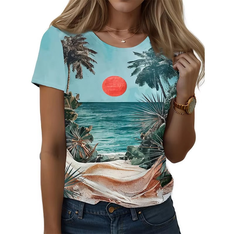 Wholesale Hot Sale Women's T-shirt – Comfortable Fabric, Sky Blue, Sea Beach Pattern